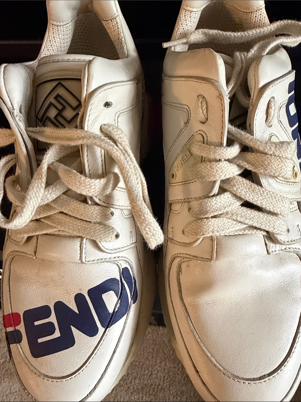 Fendi White Leather Sneakers with Blue and Red Logo